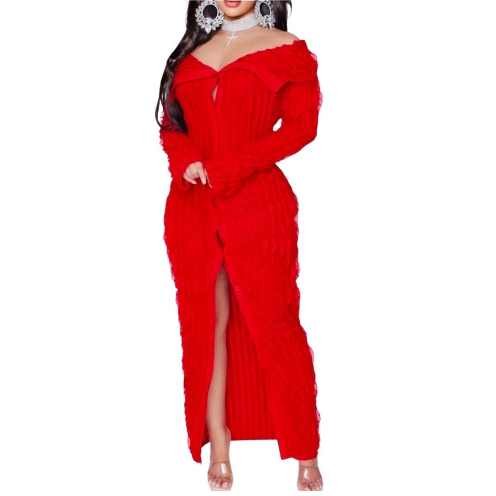 DRESS: Fire Engine Red Sheer Off Shoulder Ruffle Dress, NWOT